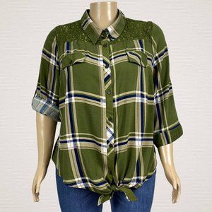 Cato Plaid Lace Button Up Tie Hem Shirt